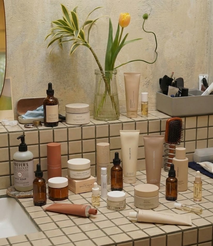 Salle de bain encombrée de produits skincare